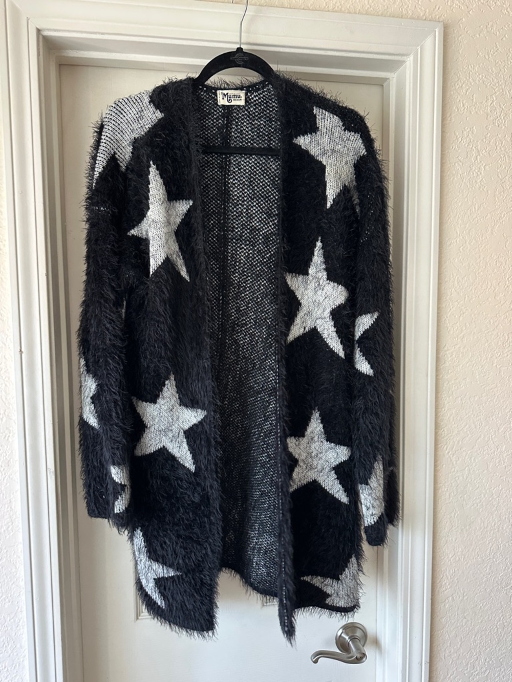 Show Me Your MuMu Fuzzy Star Open-Front Cardigan - Black & White
